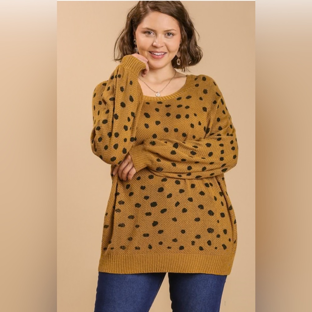 Umgee Mustard and Black Polka Dot Sweater - Picture 2 of 6